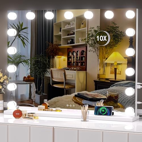 Hasipu 32 x24” Hollywood Vanity Mirror with Lights - Makeup Mirror with 17 Dimmable LED Bulbs, 10X Magnification, Touch Control, USB & Type-C Charging Port (Square White)