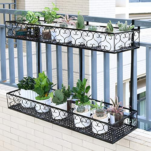 Yesbon Balkon Blumentopf Halter Geländer Regal Eisen Balkon Pflanzenregal, Eisen Balkon HäNgenden Blumenregal TopfstäNder Pflanzenlager GeläNder Regal Dekoration, Schwarz,A,100x20x12cm
