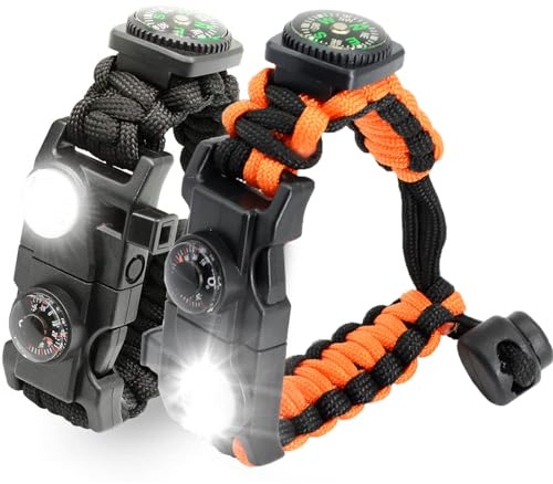 NVioAsport 20 in 1 Paracord Armband, verstellbares Gear Kit mit SOS-LED-Licht, Feuerstarter, größerer Kompass, Überlebenspfeife, perfekt für Camping, Wandern, Angeln, Survival-Armband