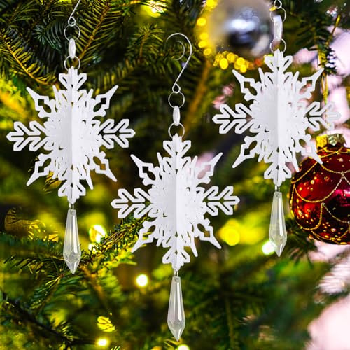10stk Weihnachts Schneeflocken Ornamente, 3D Schneeflocken-Hängedeko mit Kristallanhänger Weiß Schneeflocken Plastik für Bastelarbeiten Fenster Türen Weihnachtsbaum Dekoration