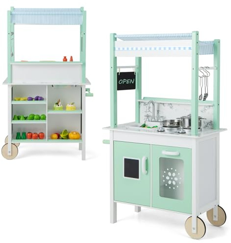 COSTWAY Kids Play Kitchen, Double-sided Pretend Toy Kitchen and Grocery Store Playset with LED Light Bars, Wheels, Blackboard, 16 Accessories, Role Play Gift for 3+ Years Old