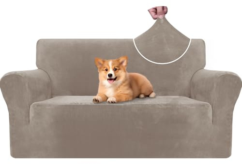 CYCMACO Samt Sofa Überzug 2 Sitzer, Sofabezug Elastische, Couch Überzug Haustier Katze Hunde, Universal Sofa Cover Moderne, Sofahusse Mit Armlehnen, Sofaschoner rutschfest, Khaki