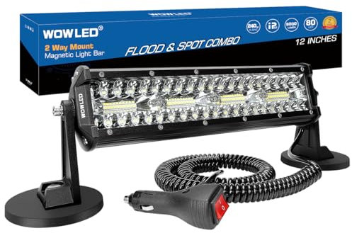 WOWLED Magnetic LED Light Bar, Super Bright 12 Inch Combo Beam Cigarette Lighter with Strong Magnets 4 Way Mount, 12V 24V Tractor Work Light for ATV Cars Trailer
