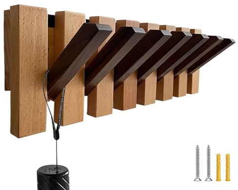 Qxiao Holzgarderobe zur Wandmontage, Klavier-Stil, Naturholz, Wandmontage, Garderobenhaken, Eingang, Wandkunst, Dekor mit 7 herunterklappbaren Haken zum Aufhängen von Hüten, Schals, Handtüchern,