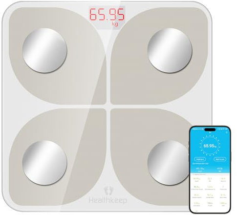 Healthkeep Körperfettwaage Digital, Personenwaage Testsieger, vernetzt, Bluetooth, Impedanzmesser, hohe Präzision mit 13 Körpermessungen, App, für Android & iOS, Kapazität 180 kg/400 lb, 28 x 28 cm