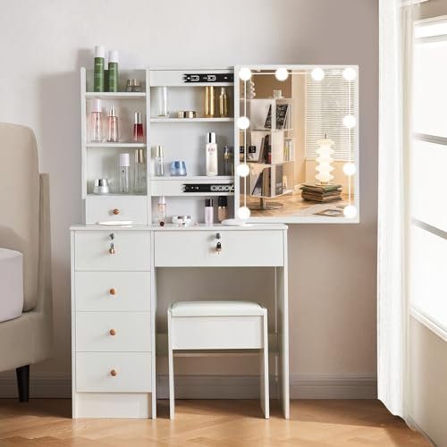 Buildonely Schminktisch mit Spiegel und LED Beleuchtung, 3 Farbtemperaturen und Einstellbare Helligkeit, Kosmetiktisch mit Ablagen, Frisiertisch mit 6 Schubladens, 1 Hocker, Modern, Weiß
