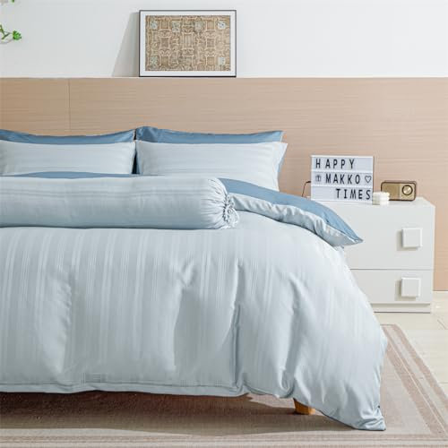 Bettwäsche Satin 155x220 Hellblau Blau Gestreift Seide Glänzend Glatt Bettwäscheset Glanzsatin Sommer Uni Seiden Luxus Muster Kühlende Bettbezug 155 220 und Kissenbezüge 80x80 cm mit Reissverschluss