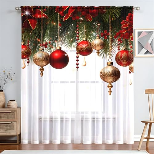 Odot Noël Baie Rouge Rideau Voilage Semi Occultant Salon, Imprimé 3D Rideaux Voilages Passe Tringle Rideaux Voile Semi Transparent 2 Panneaux Rideau Fenêtre (W 100 x H 130cm,Joyeux Noël)