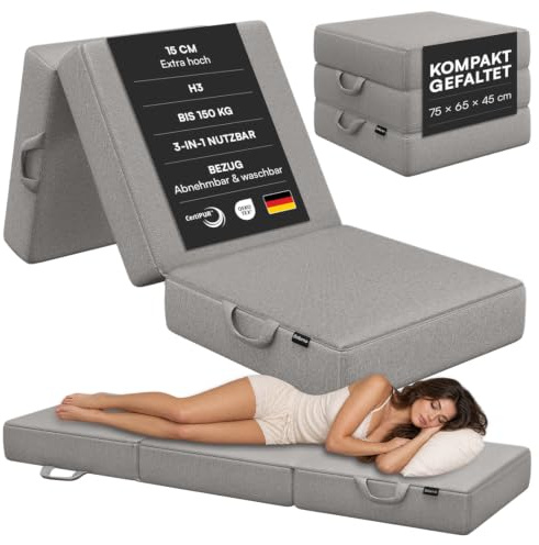 Bellamio Lomme Klappmatratze 75x195 cm, extra dick 15 cm, Hellgrau, faltbar | Gästematratze, Reisematratze mit Tragegriffen, Campingmatratze, Bezug abnehmbar & waschbar, Faltmatratze für Übernachtungen