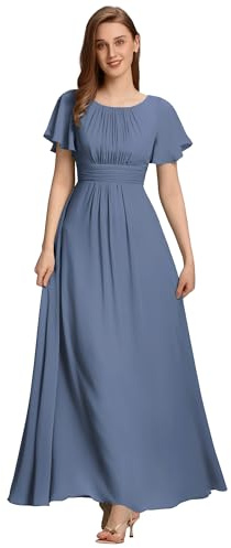Ever-Pretty Abendkleider Chiffon Lang Ballkleider Kurze Ärmel Rundhalsausschnitt Festliche Kleider für Damen ES01840
