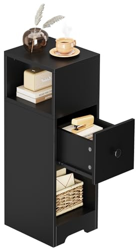 Dripex 4 Tier Bedside Cabinet with Storage Drawer, Black Wooden End Table