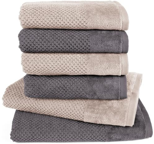 Pure Label 6-TLG. Handtücher Set mit Aufhängeschlaufen aus Baumwolle, saugstark, weich und Oeko-TEX Zertifiziert - 2X Badetuch (70x140 cm) 4X Handtuch (50x100cm), Anthrazit | Stein
