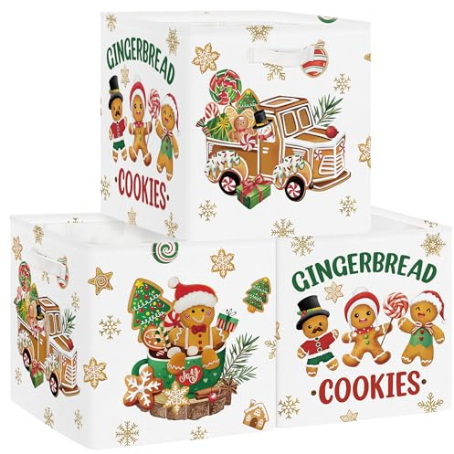 Clastyle Set di 3 Scatole Portaoggetti Natale Cubo di Stoccaggio per Armadio Vestiti Cesto Scaffali Bambini Scrigno dei Giocattoli e Libri per Scuola Materna,Biscotti Panpepato,30x30x30 cm