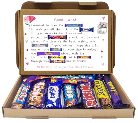 Personalised Good Luck New Job Sorry your leaving Treat Box Letterbox Gift Hug in a Box Hamper Chocolate Poem Unique - Pink - From I/Me