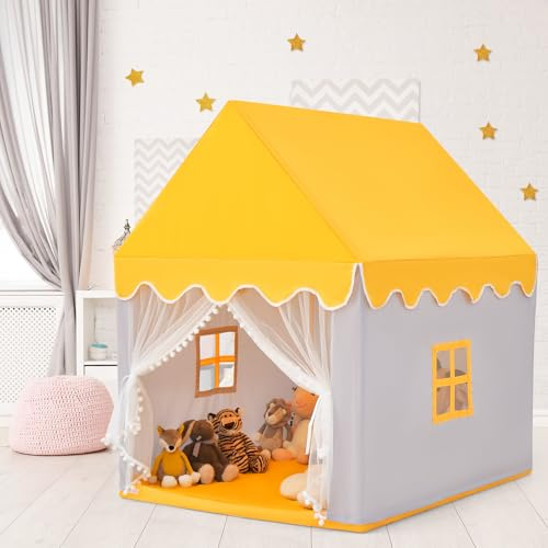 COSTWAY Kids Play Tent, Wood Frame Large Playhouse with Washable Mat and Windows, Indoor Outdoor Castle Fairy Tents for Boys Girls (Yellow+Grey)