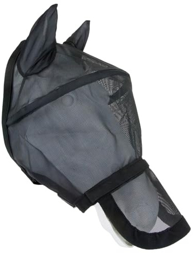 Marengos - Fliegenmaske Premium Space – Schwarz – Warmblut | Mit Ohren- & Nasenschutz – Pferdefliegenmaske mit Elastikeinsätzen & Klettverschluss – extra Freiraum für die Augen