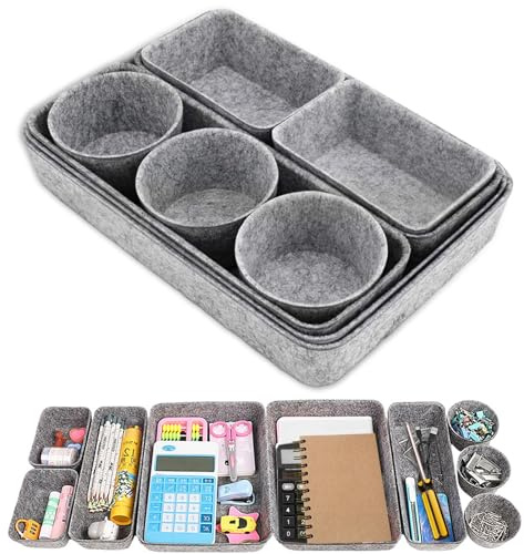 HUSOUE 9 Stück Schubladen Organizer Filz, Stapelbare Schreibtisch Organizer Schublade Ordnungssystem 4 Größen Aufbewahrungsboxen für Schminktisch Badschrank Küchen Büro (Hellgrau)