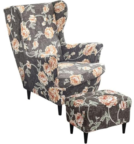 Generisch Ohrensessel überzug mit Hocker Bezug- 2 Teilig Sessel-Überwürfe+1 Teilig Ottomane Schonbezug, Beige/Grün/Rosa/Blau Schonbezüge Sesselhusse Stretch Stuhlbezug mit Armlehne,S