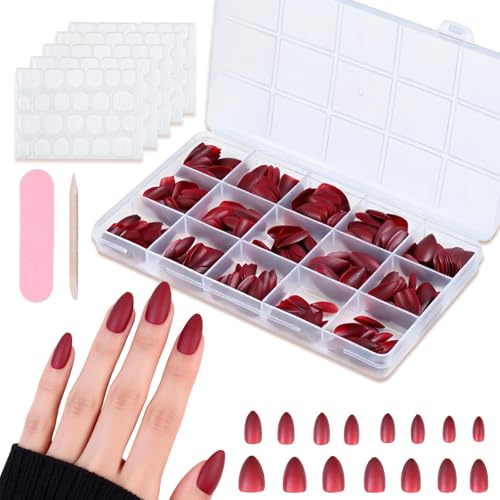 300 Pezzi Tip Unghie, Unghie Press on, Kit Autoadesivo e Riutilizzabile per Donne e Ragazze, Rosso