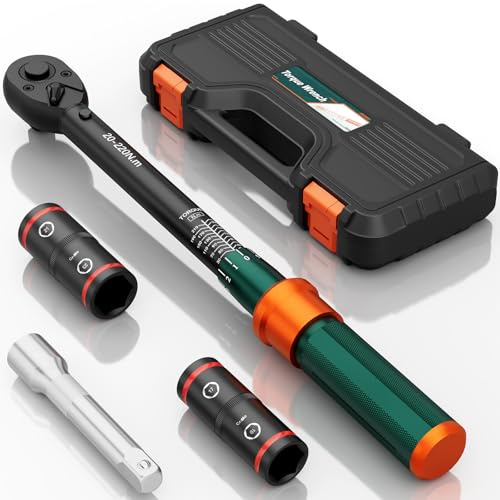 NADOKHI Drehmomentschlüssel 1/2 Zoll, 20-220Nm, 72 Zähne, ±3% Präzision | Drehmomentschlüssel Auto mit 150mm Verlängeru, Doppelend-Stecknuss 17mm/19mm, 21mm/23mm, für Reifenwechsel Auto und Motorrad
