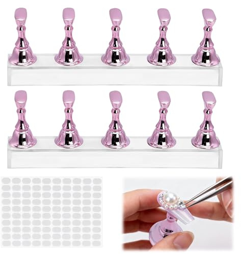 2Pcs Support Magnétique pour Ongles Capsules, Présentoirs à Ongles avec Base Acrylique et 100 Autocollants, Idéal pour la Pratique, l'Exposition et les Kits de Press on Nails, Rose