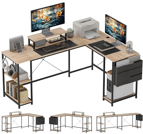 HOMCOM Bureau d'angle réversible, 168-240 cm, Bureau d'ordinateur avec étagère réglable, Support d'écran, Crochets et Sac de Rangement, Table Informatique pour Chambre ou Coin Travail, Bois Naturel