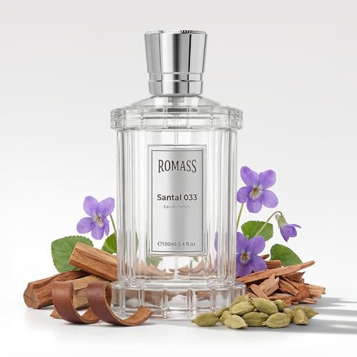 ROMASS Santal 033 Unisex EDP Parfum Spray 100ML Aromatic Woody Fragrance with Cardamom Violet Cedarwood Sandalwood Vetiver Musk Leather Violet