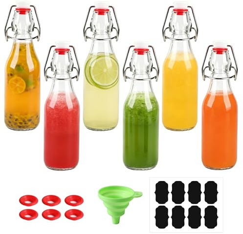 LUKDNEEY 6PCS Glass Bottles with Stoppers, 250ml Airtight Swing Top Bottles with Labels and Funnel for Juices, Wine, Condiments, Oil, Vinegar