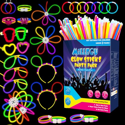 Millegu Pulseras Luminosas Fluorescentes, 452 Pack Fiesta, 200 Neon Palos Luminosos & 252 Conectores para Crear Pulseras Gafas Collares, Cotillon Nochevieja Fiesta Decoracion Navidad