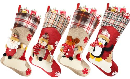Dreampark Christmas Stockings Bulk 4 Pcs - 18 Classic Xmas Stockings Set of 4 - Santa Snowman Reindeer Penguin Christmas Stocking Decorations Home Decor Party Supplies & Kids Gifts