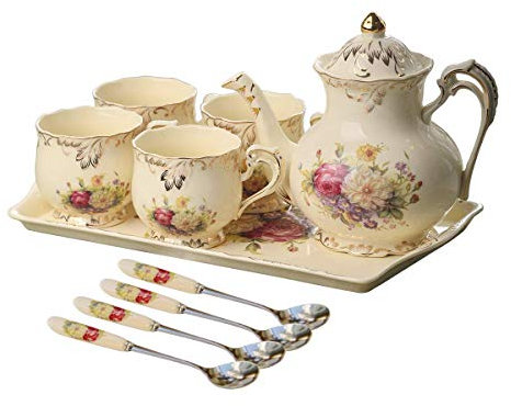 YOLIFE Englische Blumensträucher Porzellan-Teeservice-Set, Vintage-Keramik-Teeservice mit Blumen- und Blattgoldrand für Nachmittagstee oder Kaffee, Geschenk für Erwachsene