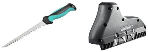 wolfcraft Hand-Stichsäge I 4033000 I Für Ausschnitte in Gipskarton & 3-fach Kantenhobel 4009000 – Trockenbau Hobel mit Dreifachklinge zum Anschrägen von Kanten bei Gipskarton