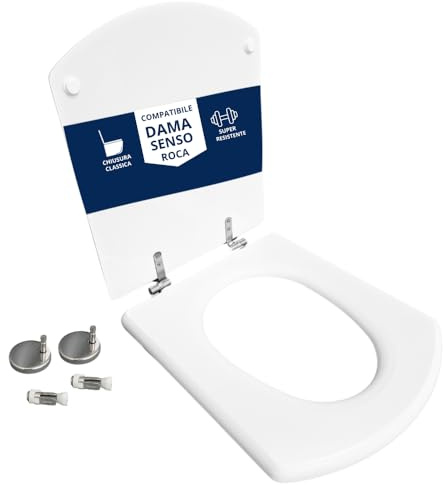 Asiento de inodoro compatible con Dama Senso Roca con bisagras | Asiento de inodoro de madera recubierta de resina de poliéster blanco brillante | Fijación superior | Hydro Home