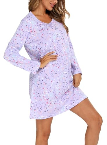 ENJOYNIGHT - Camicia da notte da donna a maniche lunghe, in cotone, con stampa, sleepshirt, biancheria da notte, camicia da notte, Lilla, S