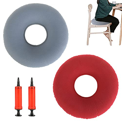 2 Pièces Coussin de siège de beignet, Coussin d’Assise Gonflable en Anneau, Coussin de Siège Gonflable avec Pompe, Coussins pour Voitures, Canapés, Bureaux et Fauteuils Roulants (Rouge, Gris)