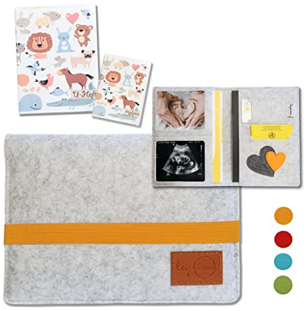 leymoon U Heft Hülle, Geschenk für Schwangere und Mama's mit vielen Fächern für Mutterpass, Ultraschallbilder, Kinder U-Heft, Impfpass uvm. (U Heft, Silbergrau-Senf)