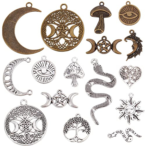 SUNNYCLUE 1 Scatola 64 Pezzi Stile Tarocchi Fasi Lunari Ciondoli Albero Della Vita Ciondolo Triplice Dea Luna Serpente Sole Fungo ouijas Ciondolo Rotondo In Metallo per Creazione di Gioielli Ciondoli