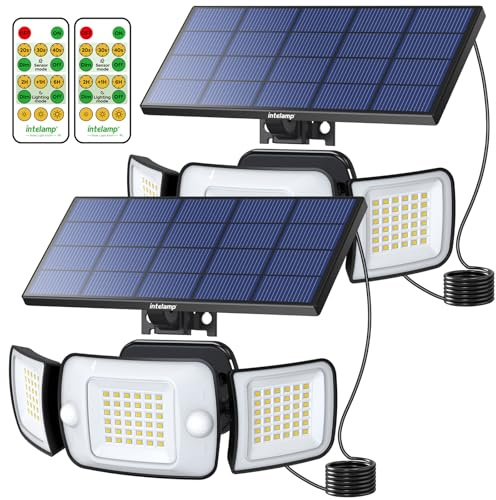 INTELAMP Faretto Led da Esterno Solare, 2 Pezzi 6000mAh Faretti Solari 1200LM 6500K Led Esterno Con Pannello Luci da Esterni Giardino Solari Luce con Sensore di Movimento,Impermeabile, cavo da 2,7M