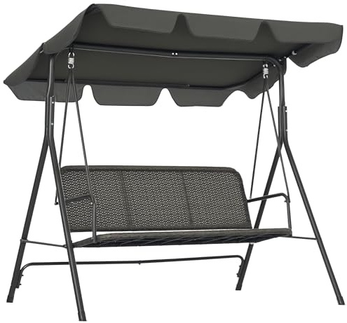 Outsunny 3-Seater Outdoor PE Rattan Swing Chair Adjustable Canopy Grey