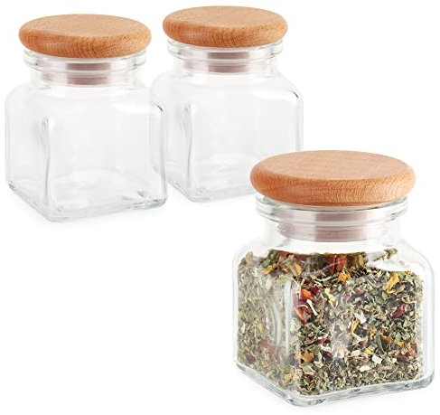 com-four® 3x barattoli per spezie - barattolo con coperchio in legno e anello di tenuta - barattolo di vetro per tè, erbe e spezie - contenitore per la cucina (120 ml - 3 pezzi)