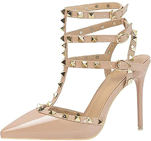 EXECAB Damen-Sandalen mit Absatz, 10 cm/4 Zoll Nieten-Knöchelriemen, hohe Absätze, Stiletto, Nieten, T-Riemen, Spitze, geschlossene Zehe, Slingback-Brautpumps,Braun,37
