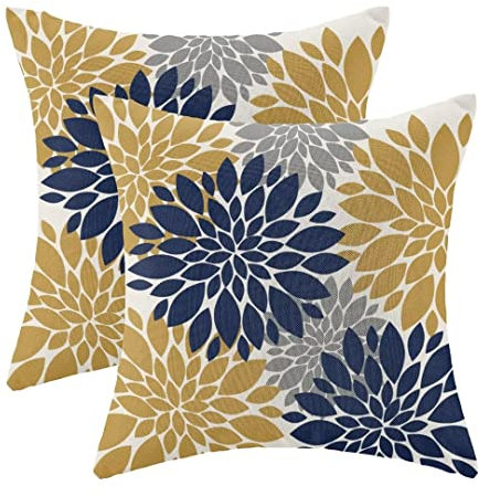 BETGINY Gelb Marineblau Kissenbezüge, 45,7 x 45,7 cm, 2 Stück, Dahlien Blumen Outdoor Dekorative Kissenbezüge Geometrie Modern Leinen Bauernhaus für Couch, Sofa, Sommer, Heimdekoration