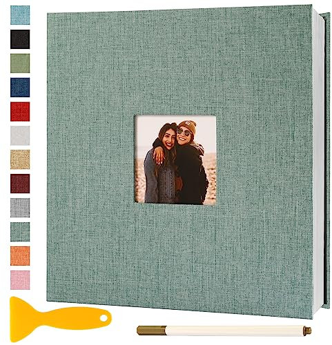 Album Fotos Autoadhesivo 28x27 de Lino Álbum de Fotos para Pegar Y Escribir Grande Photo Album Personalizados Tradicionales Scrapbook Bebe Primer Año Comunion Libro Firmas Boda, 40 Páginas Verde