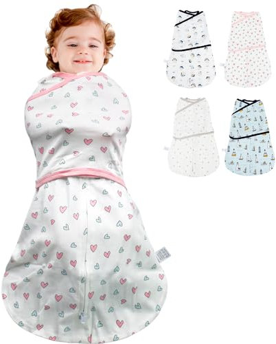 HINATAA Baby Schlafsäcke Neugeborene, Pucksack Baby Baumwolle, 3 Wege Verstellbar Wearable Wickeldecke Baby Swaddle Transition, Baby Pucktücher Jungen Mädchen (Rosa, 4-7 Monate)