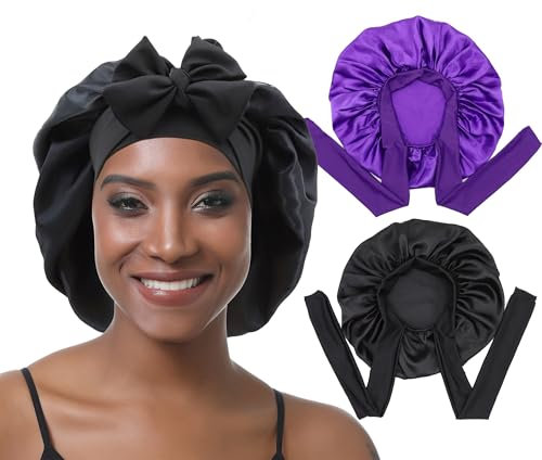 EBONNT 2 Stück Satin Bonnet Schlafhaube Verstellbare Silk Bonnet Seidenhaube Seide Locken Atmungsaktive Seide Schlafmütze Schlafen Weiche Satin Haube für Damen Mädchen (Purple&Black)