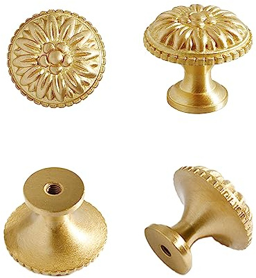 HIZEFSOO 4 st guldmässing lådknoppar, massiv koppar guld mässing skåpknoppar dekorativ knopp vintage antik blomma rund borstad guld massiv koppar låda skåp byrå knopp draghandtag