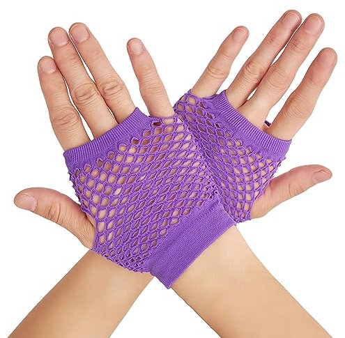 OTPEH Kurze Fischnetz-Handschuhe, fingerlos, für Damen, Fischnetz, Emo, Gothic, 80er-Jahre-Szenenzubehör, 01-lila, Einheitsgröße