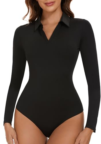 SHAPERIN Body para Mujer Manga Larga Cuello Pico Long Sleeve Bodysuits Elegante Jumpsuit Tops Turn Down Collar Negro S