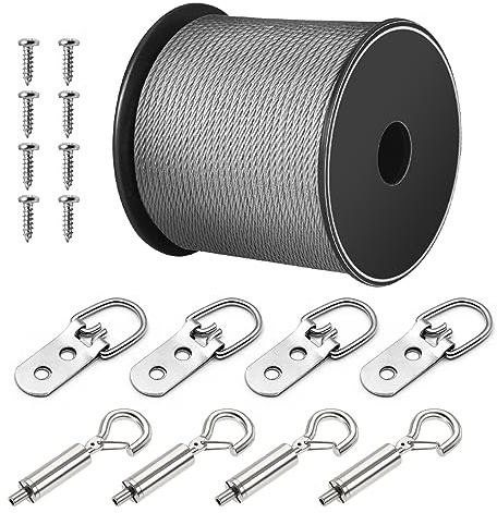 Vigtayue Corda metallica, filo per appendere quadri, 22,7 kg, kit fai da te con cavo per foto da 22,7 m, 4 ganci ad anello a D, 8 viti, ganci regolabili per appendere cornici per foto, specchi e