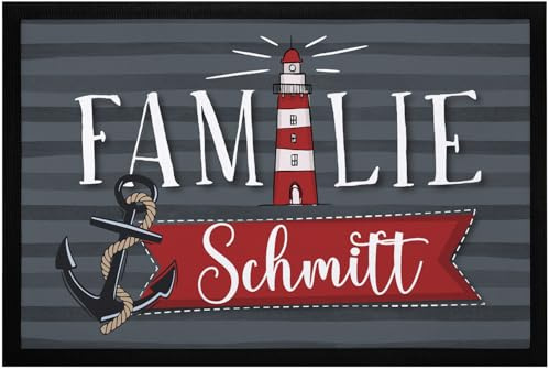 SpecialMe® Fußmatte Familie mit Namen Leuchtturm Anker Motiv Meer Maritim rutschfest & waschbar Schwarz 60x40cm